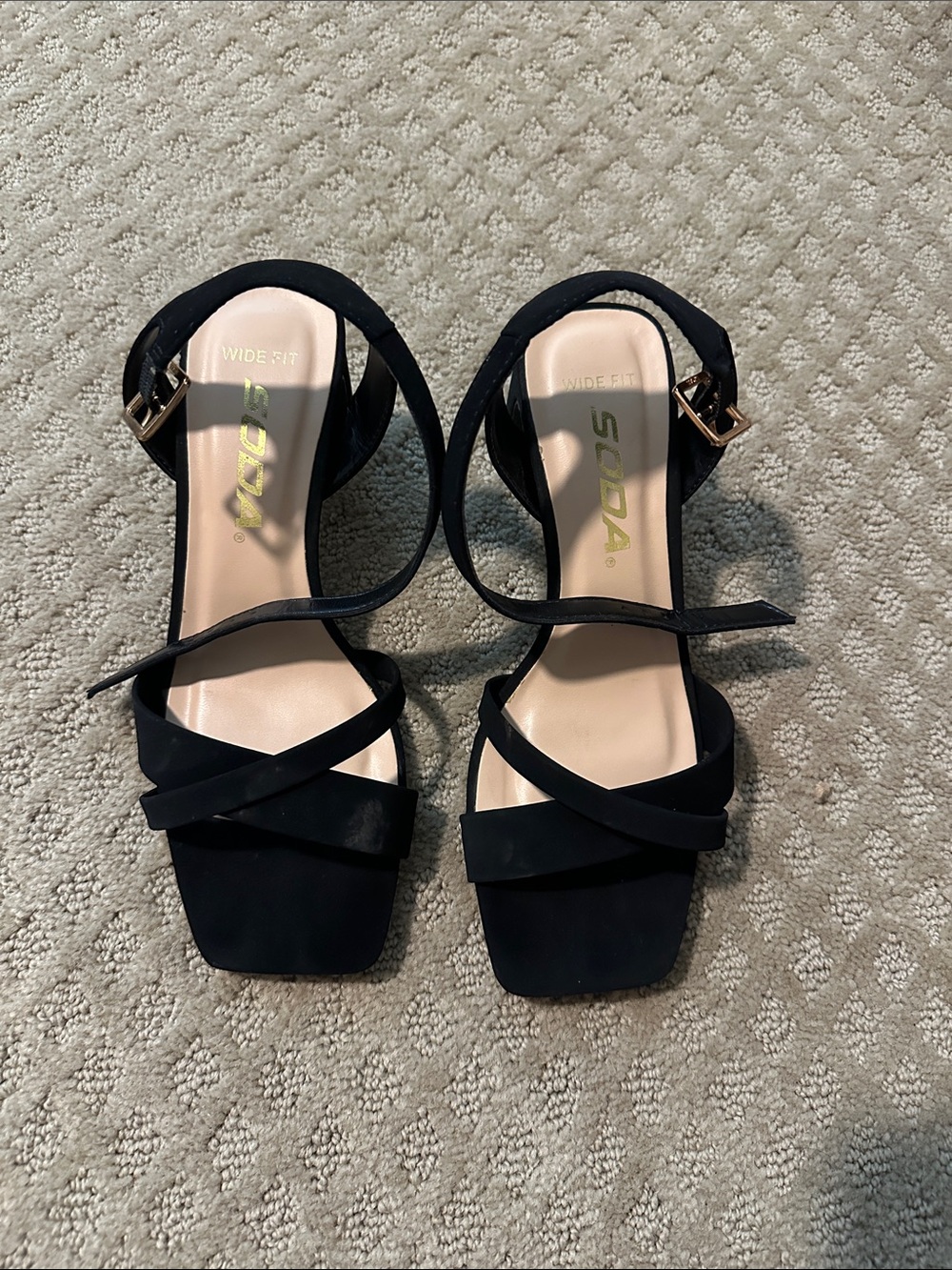 Soda Black Strappy Square-Toe Block Heel Sandals